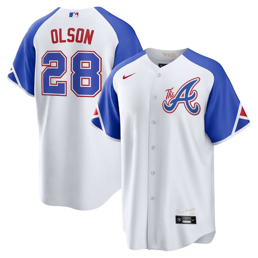 Men Atlanta Braves #28 Matt Olson Nike White 2023 City Connect Replica Player MLB Jersey
